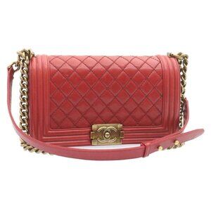 CHANEL Boy Chanel Matelasse Chain Flap Shoulder Bag Leather Red CC Auth knn010